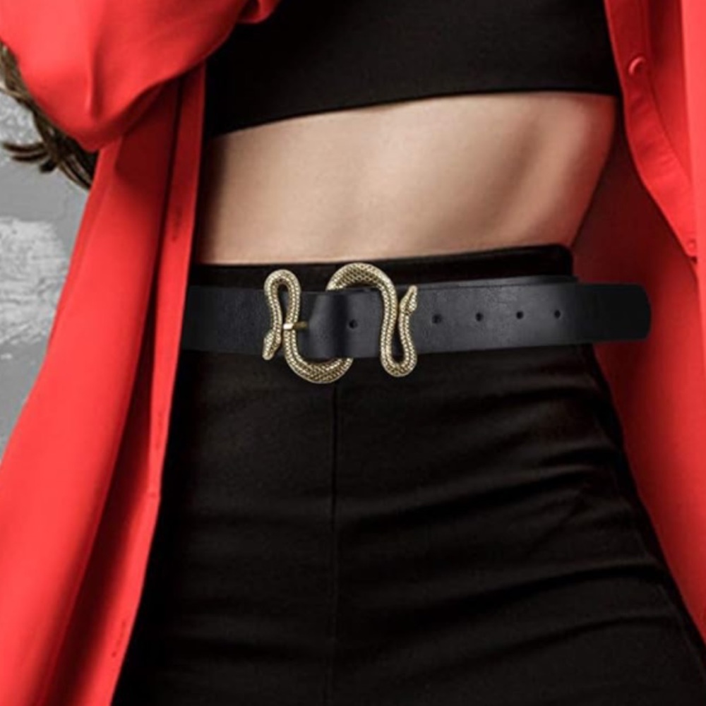 New! Snake Black Vegan Leather Gold Snake Belt (4977)